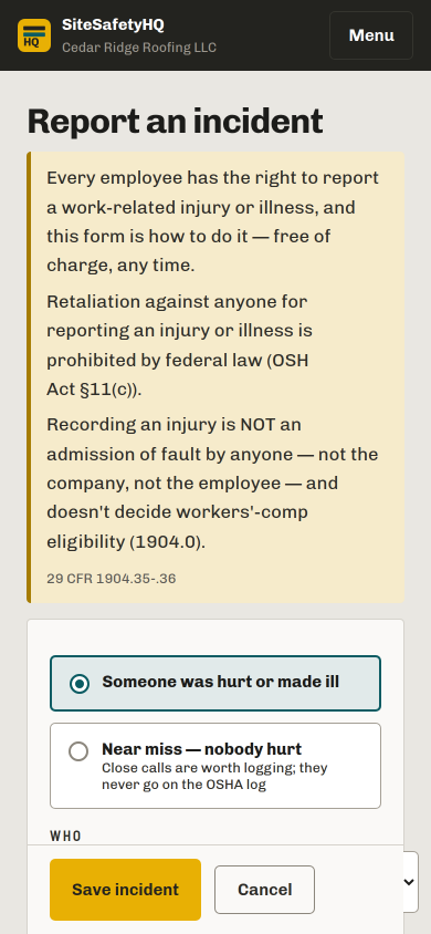 Incident report form on a phone: hurt or near-miss choice, employee, date, and location fields